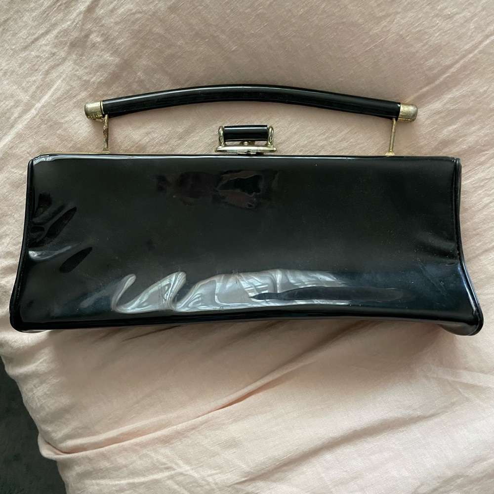 Vintage 50s Mid Century Classic Patent Leather Handbag Purse Brass Black